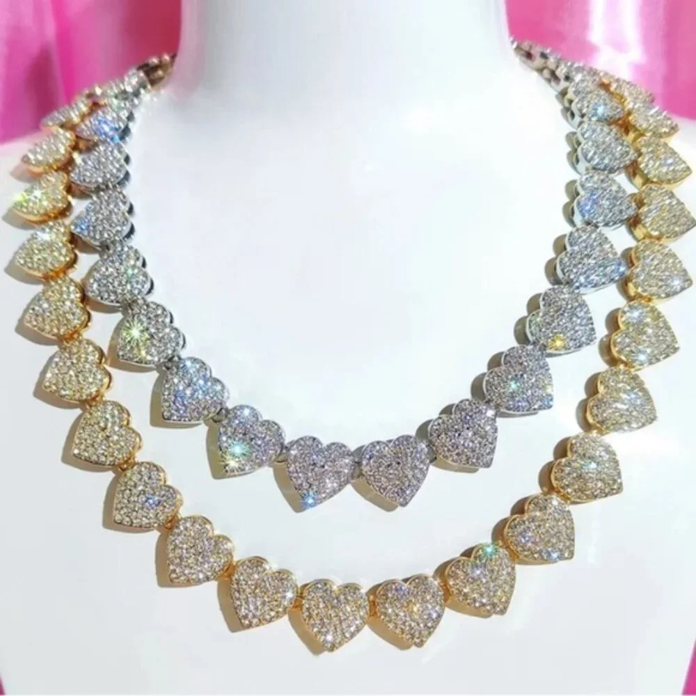 Gold Plated Heart Crystal Necklace Paved, Ice Out, Bling, Choker - Picture 4 of 14